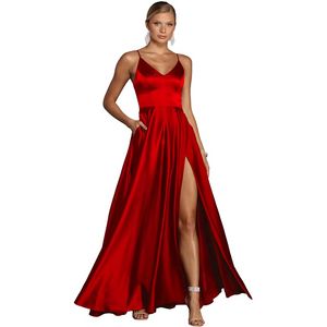 FDHAOLU Custom Size damesschouderband Rode prom -jurk lang met zakken satijnen formele avondjurk met gesplitste LO2044