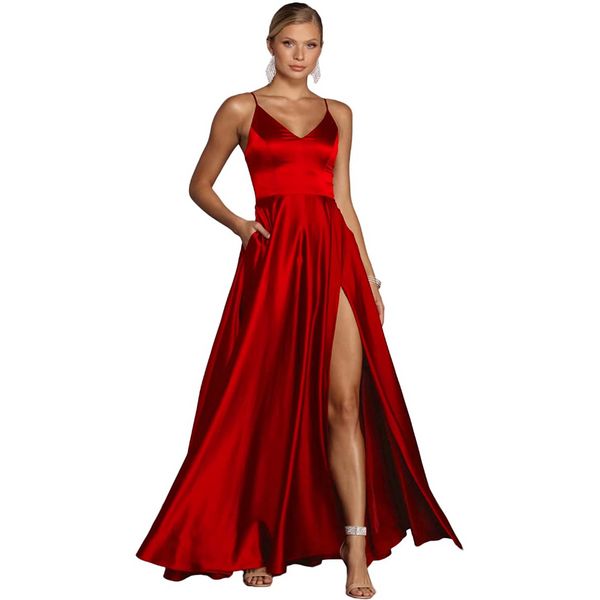 FDHAOLU vestido de fiesta rojo con tirantes para el hombro para mujer, tamaño personalizado, largo con bolsillos, vestido de noche Formal de satén con abertura LO2044