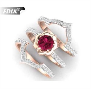 Fdlk 3pcsset exquise bague de fleur en or Rose proposition d'anniversaire bijoux femmes fiançailles bague de mariage ensemble Q07083936767