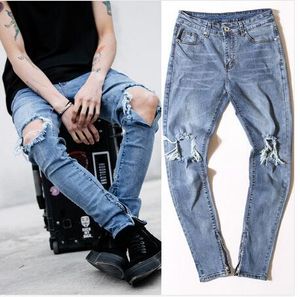 Style hommes pantalons combinaison urbaine rock star en détresse maigre concepteur fermeture éclair déchiré trou cassé jeans de haute qualité