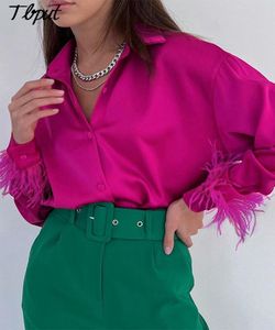 Feather Cuffs Elegante vrouwen shirts satijnen lente mode knop omlaag blouse lange mouwen chique losse turndown kraag tops 2208109212228