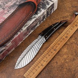 Feather Damascus Fixed rechte mes 8CR15MOV HANDHAND HOUTEN HANDGOVELSCOLVERBAAR TACTISCHE TACTICAL CAMPING VAN DE OUTDOURE LOGING JACHT HUNKING Wandelgereedschap