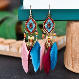 Boucles d'oreilles pendantes en plumes pour femmes, style Boho, fleur, longues pampilles indiennes, accessoires de bijoux