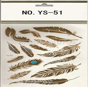 Feather Design 1 Sheet Flash Tattoo Gold Tijdelijke Tattoos Glitter Stickers Sexy Producten Papier voor Damesmen Tatuagem Metalica Hjia655