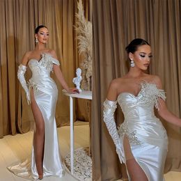 Feather Dresses Prom Vintage Mermaid One Shoulder High Split Saoedi Arabisch Sweetheart Applique Avondjurk op maat gemaakt 322