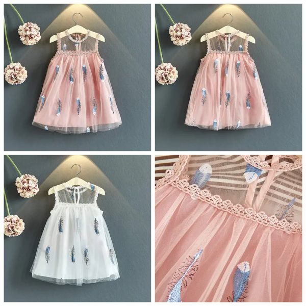 Plumas bordadas, faldas sin mangas para niñas, color blanco y rosa, vestido de precios para niñas, boutiques de verano para niños, ropa, vestido de diseñador ZZ