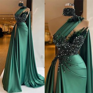 Veer smaragdgroene prom dresses met wrap pailletten avondjurk op maat gemaakte kant split hoge zeemeermin feestjurk