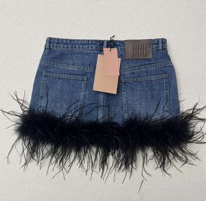 Feather Fur Patchwork Designer denim rok vrouwen blauwe mini -jurk sexy luxe jean skirts2222