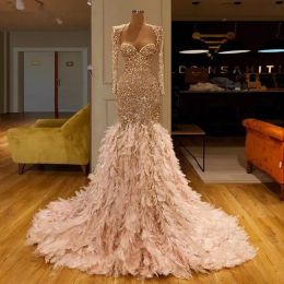 Feather Glitter Prom Dresses Robe de Soiree Sweetheart Saoedi -Arabisch lage kraal Mermaid avondjurk feestkleding
