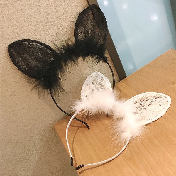 Plume Bandeaux Noir Dentelle Chat Oreille Mince Bande De Cheveux Accessoires De Cheveux Mignon Fourrure En Peluche Cheveux Cerceau Cosplay Mince Bandeaux Tête Cerceau