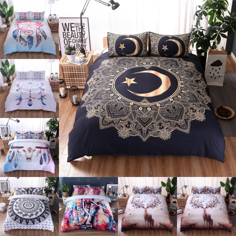 Bettwäsche-Set mit Federmuster, Mandala-Boho-Bettbezug, Elefanten-Elch-Muster, 2/3-teiliges Bettset (kein Laken, keine Füllung)