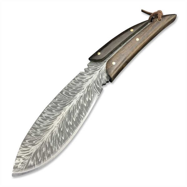 Cuchillo de hoja fija con diseño de plumas, mango de madera de nogal, cuchillo recto de caza, cuchillos tácticos de supervivencia