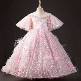 Plume Rose Flower Girl Robe Crystals Courts de perles Robes SQUIN BOW PRINCESS BALNES BOULES PUFFY TULLE PREMIER COMMUNION JOURTS O-COL