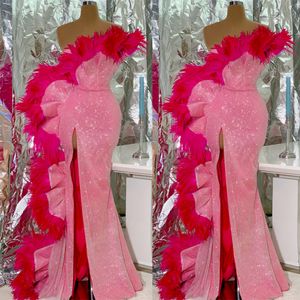 Veer roze glitter avondjurken Eén schouderpoetsen Side Split Prom Dress Formele Pageantjurken Custom Made Floor Lengte Robe de Mariée