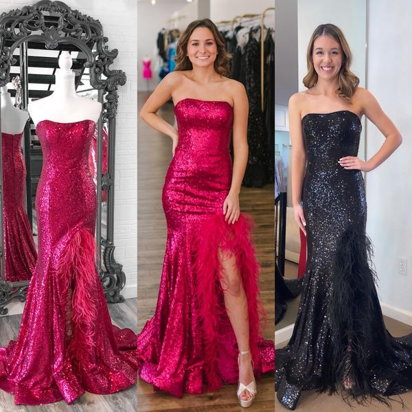 Plume Paillettes Longue Robe De Bal 2k23 Bretelles Fente Haute Ajustée Cour D'hiver Réchauffement Formelle Soirée Robe De Soirée De Mariage Pageant Gala Piste Tapis Rouge Vin Noir