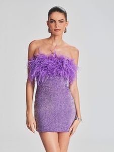 Mini robe à plumes, sans bretelles, paillettes scintillantes, Sexy, mode, épaules dénudées, dos nu, tenue de soirée en boîte de nuit, élégante