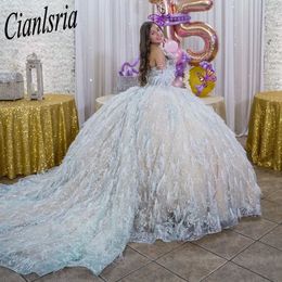 Veren Hemelsblauw Quinceanera Jurken 2024 Geliefde Kant Lovertjes Bloemen Sweet 15 Baljurk Feest Prinses