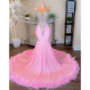 Veren Sweety Mermaid Prom roze jurken voor zwarte meisjes Sliver kristal kralen staartjurken sexy sprankelend gewaad de bal