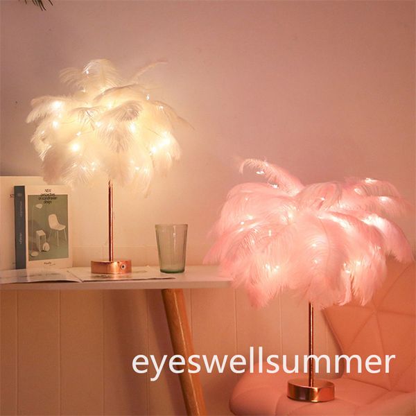 Plumas Lámpara de mesa Vintage Elegante Mesita de noche Luz de noche Rosa Pantalla blanca con control remoto para dormitorio Sala de estar Decoración de fiesta