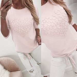 Características O-cuello en forma de corazón Cuerda de manga larga para las mujeres Otoño 2019 Nueva moda Sólido Casual Loose Empalme Cordón Camisetas T200107