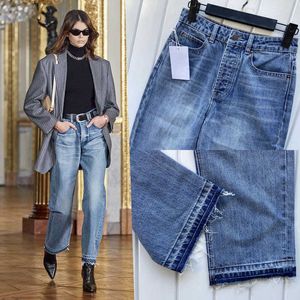 Met herfst en winter nieuwe runway blauwe dames super comfortabele slanke en veelzijdige rechte tube raw rand jeans voor vrouwen