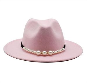 Fedora Hoed Vrouwen Effen Elegante Parel Riem Gesp Klassieke Winter Vrouwen Hoeden Roze Tovenaar Bruiloft Formele Vilten Hoed Dames7950681