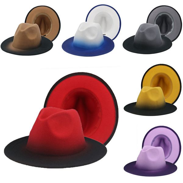 Fedora Chapeau Femmes Hiver Feutré s pour Hommes Gradient Couleur Bowler Large Bord Conception De Luxe Casual Fedoras Chapeau Femme 220819