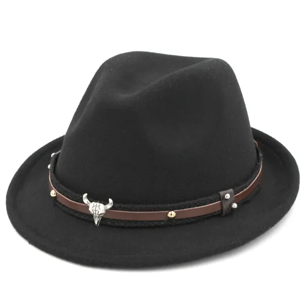 Chapeaux Fedora pour femmes et hommes, casquette de Jazz Trilby Gangster à bord court enroulable avec ceinture en forme de crâne de taureau