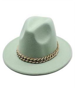 Fedora chapeaux pour femmes hommes à large bord épais chaîne en or bande chapeau feutré casquette de Jazz hiver automne Panama chapeau de luxe HCS1209942344