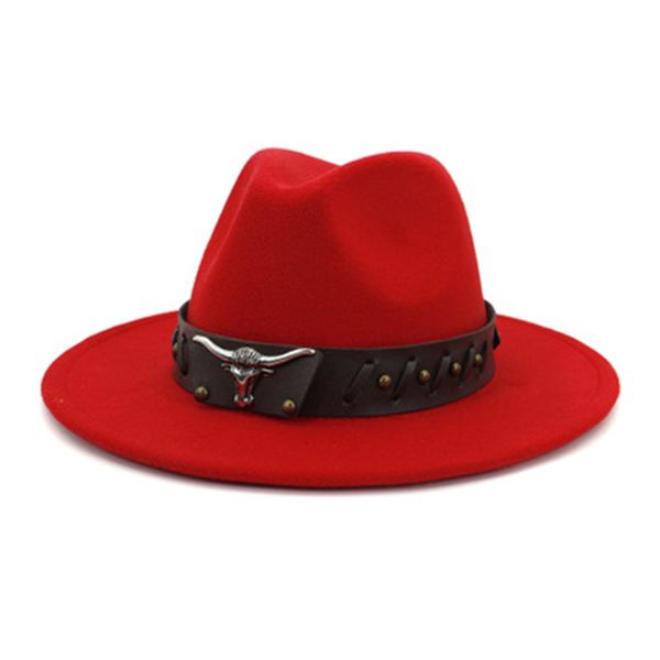 Fedora sombreros hombres mujeres vaquero occidental cabeza de vaca mujeres sombreros vintage casual hip hop banda cinturón lujo negro rojo hombres mujeres invierno sombreros