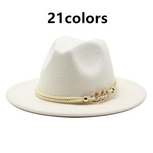 fedora hoeden dames metalen touw ketting band riem luxe Jazz Cap Brede rand solide kerk elegant zwart wit vilt Lente dameshoeden