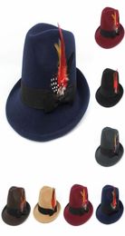 Fedora Jazz chapeaux Imitation tissu de laine hommes femmes casquettes Gentleman formel déformation bord arc plume de poulet Trilby Hat9769898