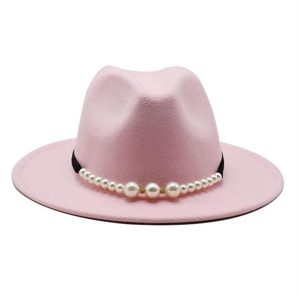 Sombrero fedora liso elegante con hebilla de cinturón de perlas, sombreros clásicos de invierno para mujer, tocado rosa, sombrero de fieltro formal para boda, mujer 309g
