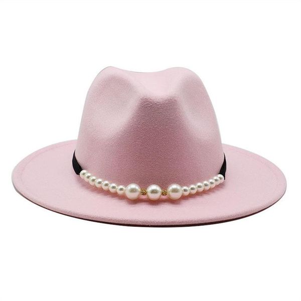 Fedora solide élégant perle ceinture boucle classique hiver femmes chapeaux rose fascinateur mariage formel feutre chapeau womens225V