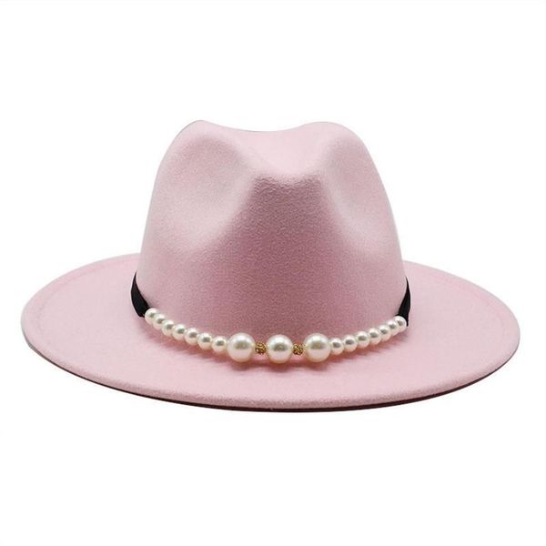 Fedora sólido elegante Cinturón de perla Hebilla clásica Winter Women Sombreros Rosa Fascinador Boda formal de fieltro Hombre para mujer290t