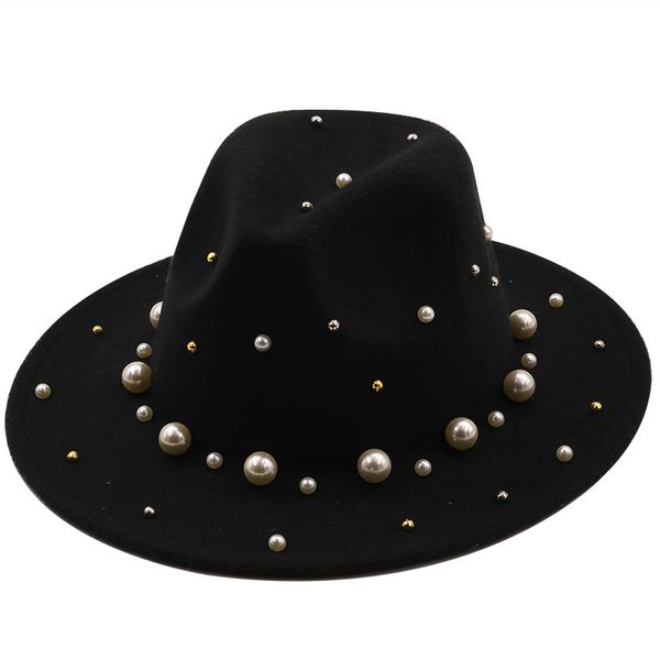 Sombrero Fedora de perlas para mujer, sombreros de fieltro para niñas, sombreros de fieltro para mujer, gorra de ala ancha para mujer, gorras de Jazz Panamá, primavera Otoño Invierno, venta al por mayor