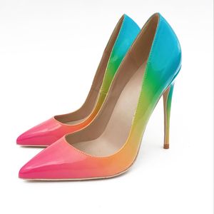 Gratis verzending Fee Dames Pumps Rainbow Patent Lederen Multi Color Punted Teen Hoge Hakken Bruid Trouwschoenen Pumps Echte Foto 12cm 10cm 8cm