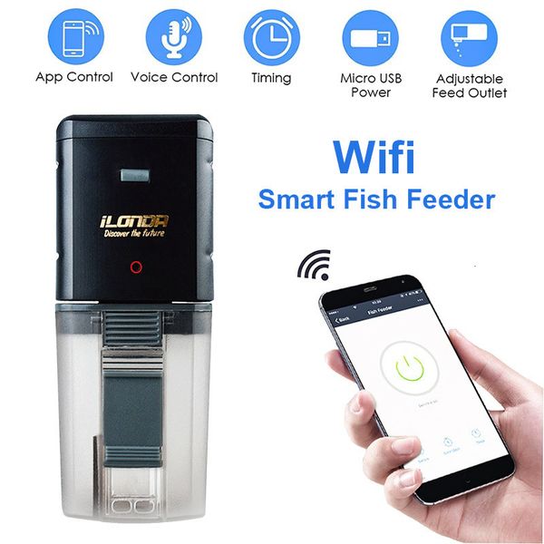 Alimentador automático de peces Wifi con aplicación de Control de voz, dispositivo de alimentación automático remoto inteligente, temporizador, alimentación, accesorios para acuario 230628