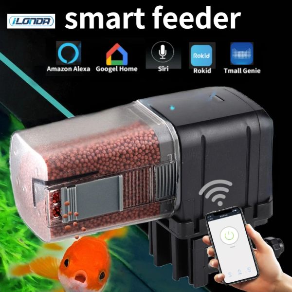 Alimentadores Automático Acuario Pecera Alimentador Temporizador/Wifi Aplicación inalámbrica para teléfono inteligente Altavoz inteligente Control remoto por voz Alimentación de peces