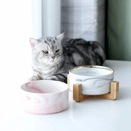 Mangeoires en marbre en céramique bol à chiens aliments pour chats et bols à eau plat avec du bois de poids lourd mangeur de compagnie pour les gros chats à face plate chiots chiens