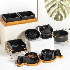 Feeders PET Zwart keramische kom kat Kat Voedselwatervoeders Kleine honden drinken Eetaccessoires die de cervicale wervelkolom beschermen