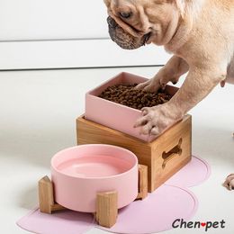 Bol en céramique pour chien, 5 couleurs, avec support en bambou, bouledogue français, distributeur de nourriture pour chat, récipient de luxe nordique rose, fournitures pour animaux de compagnie