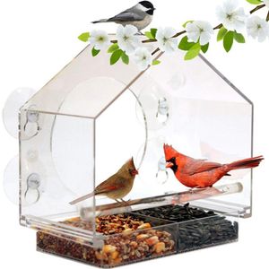Mangeoire à oiseaux en acrylique anti-écureuil, fenêtre transparente, ventouse, plateau coulissant suspendu détachable, transparent pour Pigeon perroquet en plein air