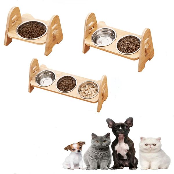 Cuenco de alimentación ajustable para mascotas, cuenco de bambú plegable y desmontable, suministros para mascotas, cuenco de madera para comida para gatos y perros