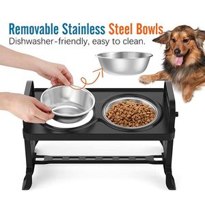 Alimentación Antideslizante Cuencos dobles elevados para perros Altura ajustable Plato para mascotas Bandeja plegable de acero inoxidable para comida para cachorros y gatos Alimentador de agua