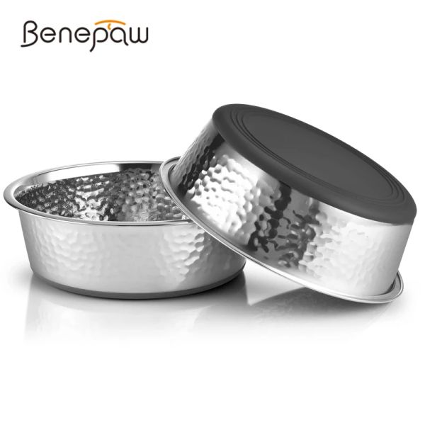 Benepaw Bols pour chien en acier inoxydable martelé Style de luxe avec fond en caoutchouc antidérapant Mangeoire pour chien Plats robustes pour chiots faciles à nettoyer