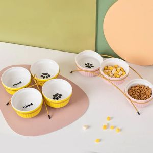 Alimentation chat 3 4 bols avec support en fer petits chiens mangeoires multiples surélevées pour animaux de compagnie en céramique nourriture eau accessoires d'alimentation