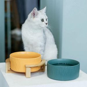 Bol d'alimentation en céramique pour chien, nourriture et eau pour chat, mangeoire pour chiot avec support en bois, fournitures pour animaux de compagnie, accessoires de produits pour petits animaux # P006