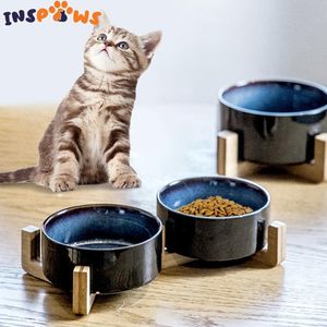 Bol d'alimentation en céramique pour chien, plat avec support en bois, bols pour chats surélevés, plats d'alimentation pour chiens de compagnie, bol pour chien, mangeoire à eau lestée pour chat