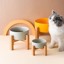 Bol d'alimentation en céramique pour chien et chat, avec cadre en bois de bambou élevé pour protéger la colonne cervicale, mangeoire à eau anti-choc